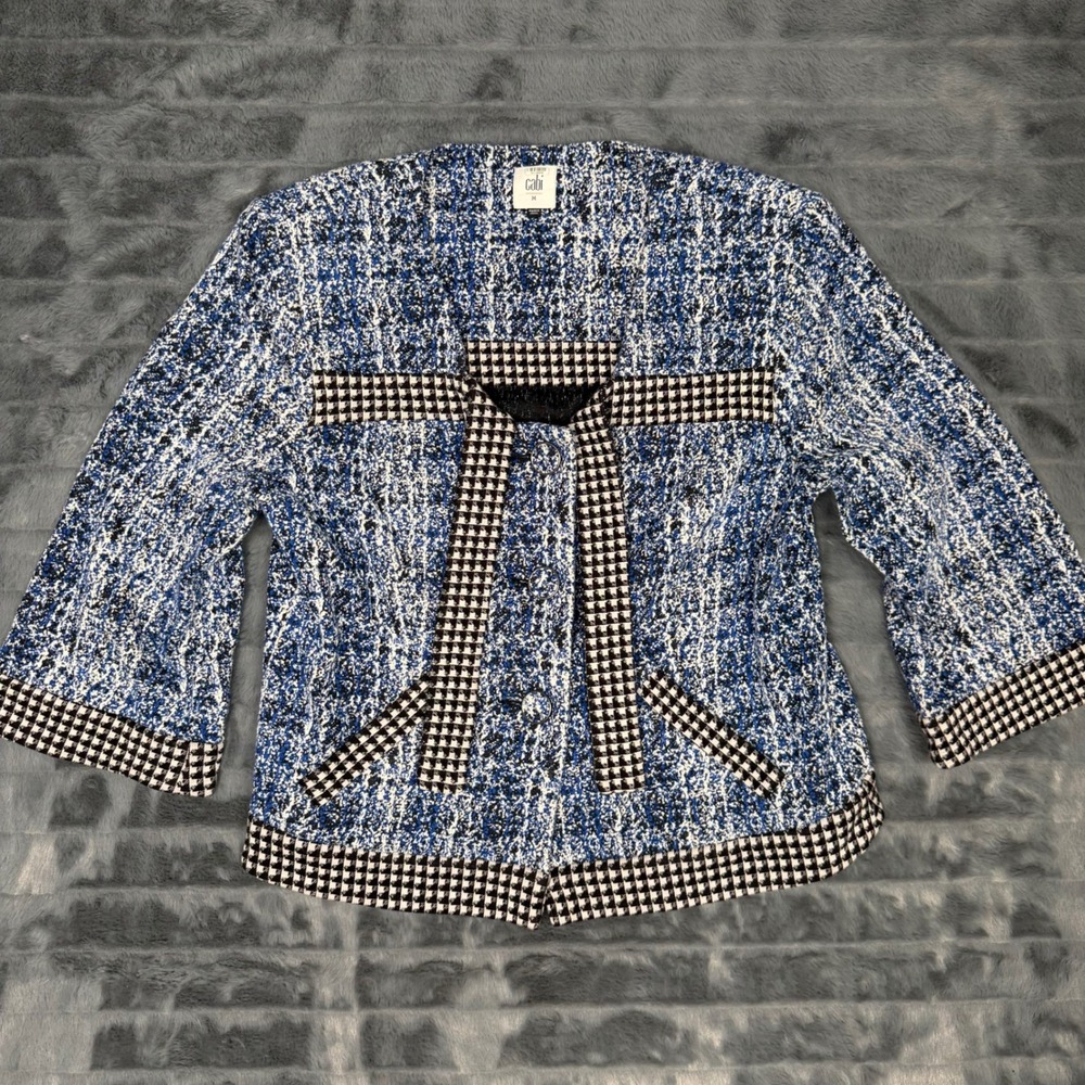Cabi Sovereign Jacket Blue White Tweed Houndstooth Trim Button Front 5294 Mens M